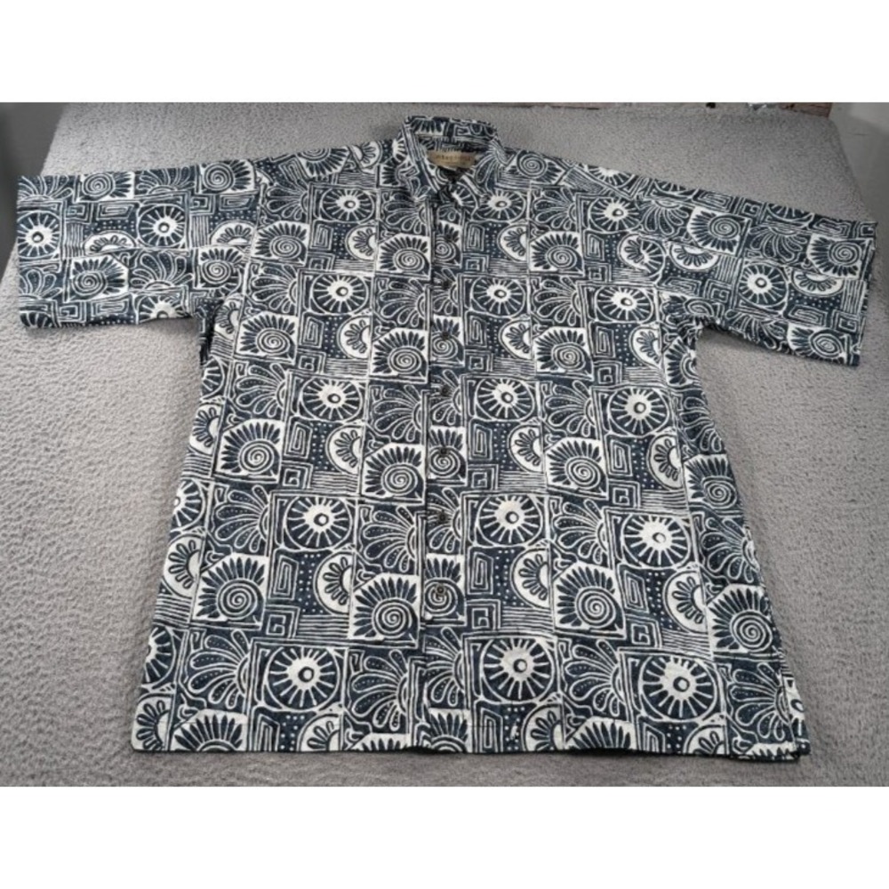 Johari‎ West Hawaiian Shirt Mens 3XLT Blue White Tribal Cotton Short Sleeve